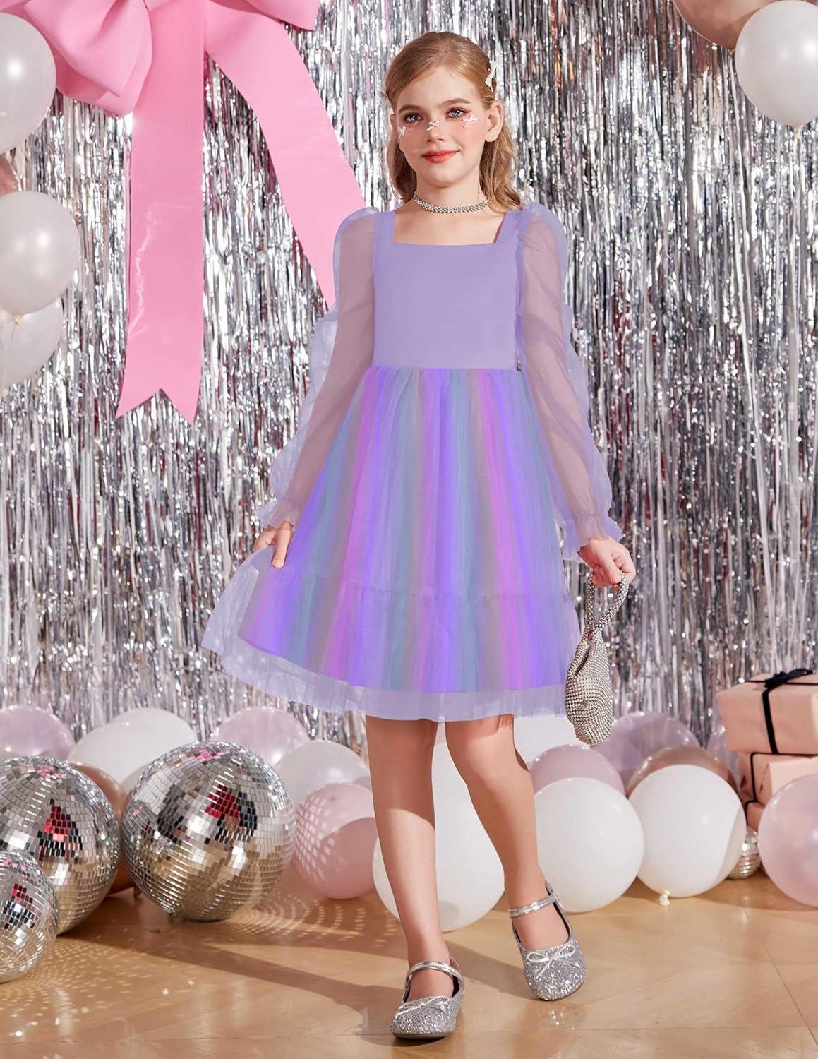 image:imageArshiner Girls Tie Back Dress Puff Long Sleeve Formal Square Neck Party Tulle DressesPurple Rainbow