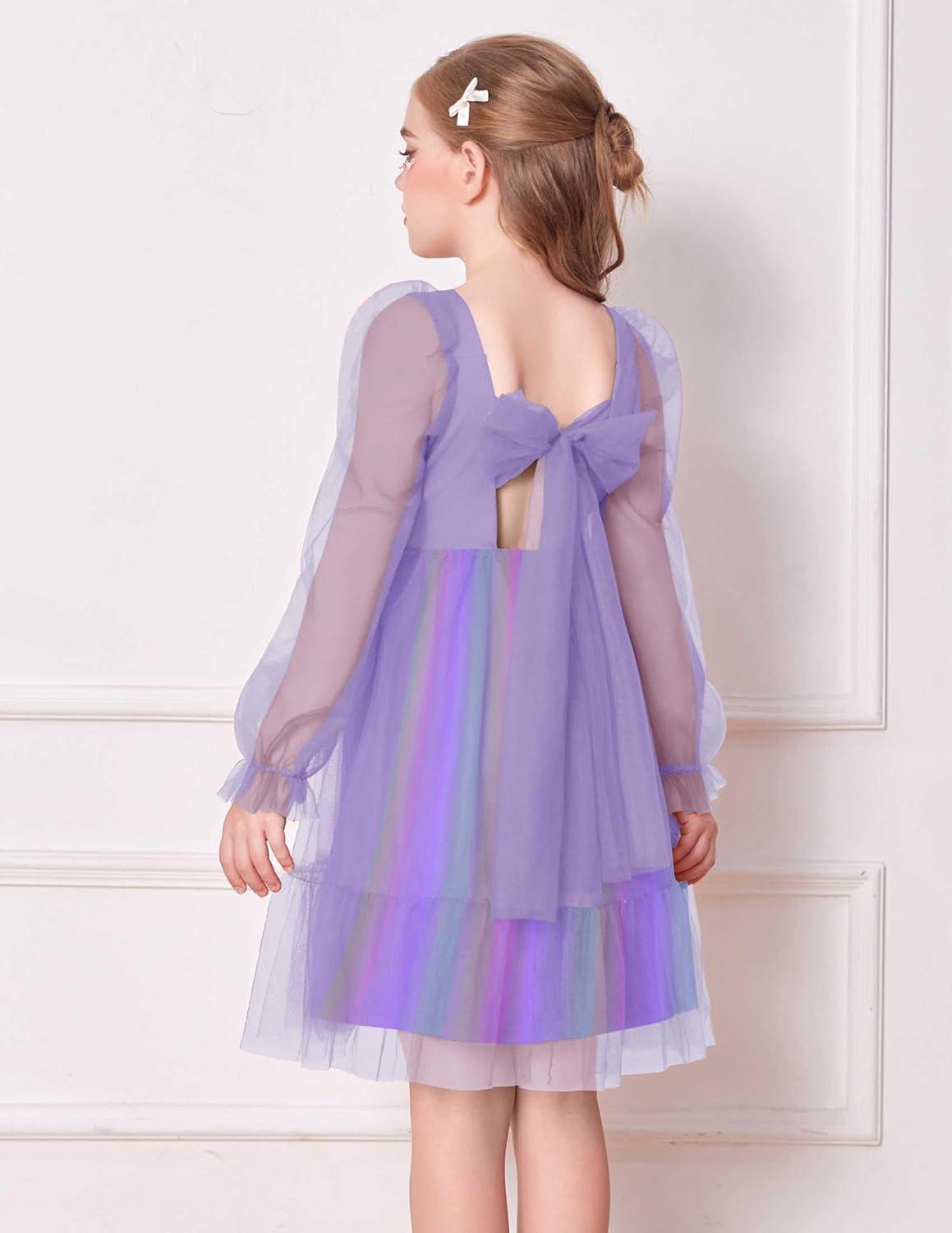 image:imageArshiner Girls Tie Back Dress Puff Long Sleeve Formal Square Neck Party Tulle DressesPurple Rainbow