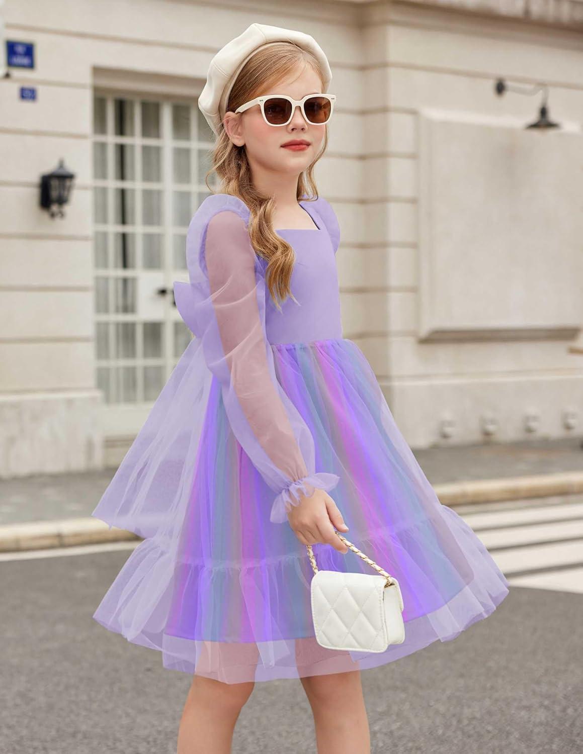 image:imageArshiner Girls Tie Back Dress Puff Long Sleeve Formal Square Neck Party Tulle DressesPurple Rainbow