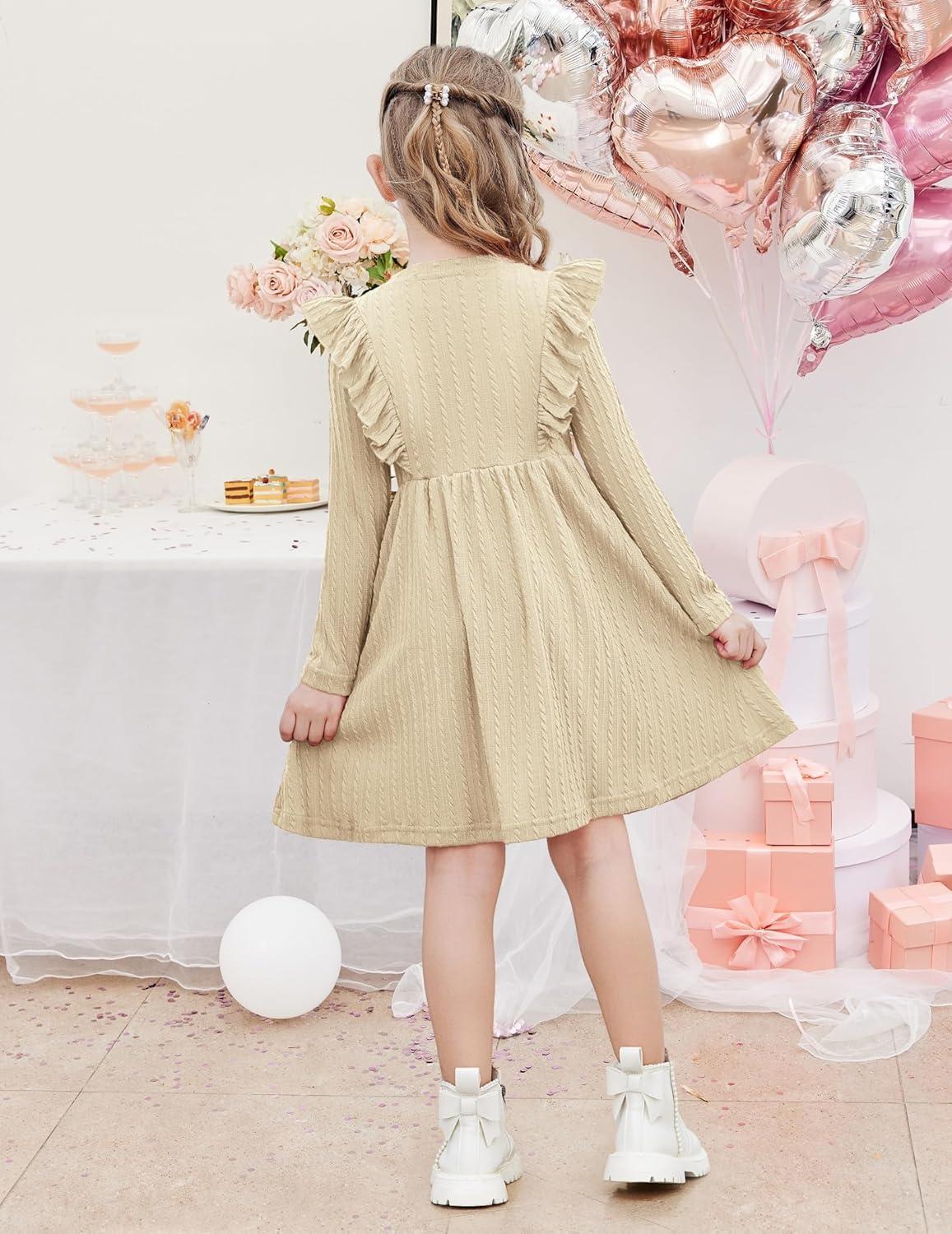 image:imageArshiner Toddler Girl Dress Ruffle Ribbed Knit Long Sleeve ALine Swing Fall Winter Bowknot Casual Dress with PocketsApricot