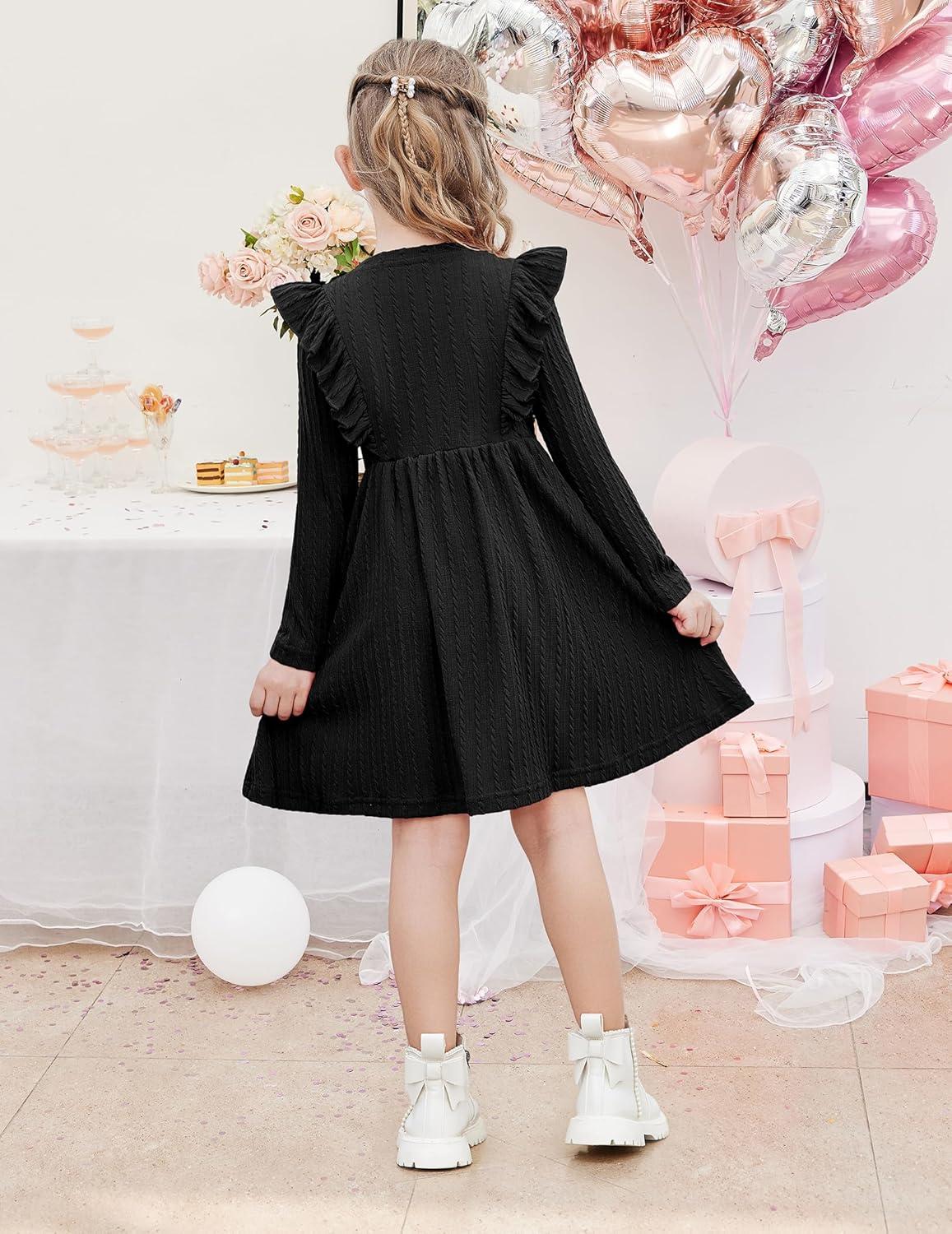 image:imageArshiner Toddler Girl Dress Ruffle Ribbed Knit Long Sleeve ALine Swing Fall Winter Bowknot Casual Dress with PocketsBlack