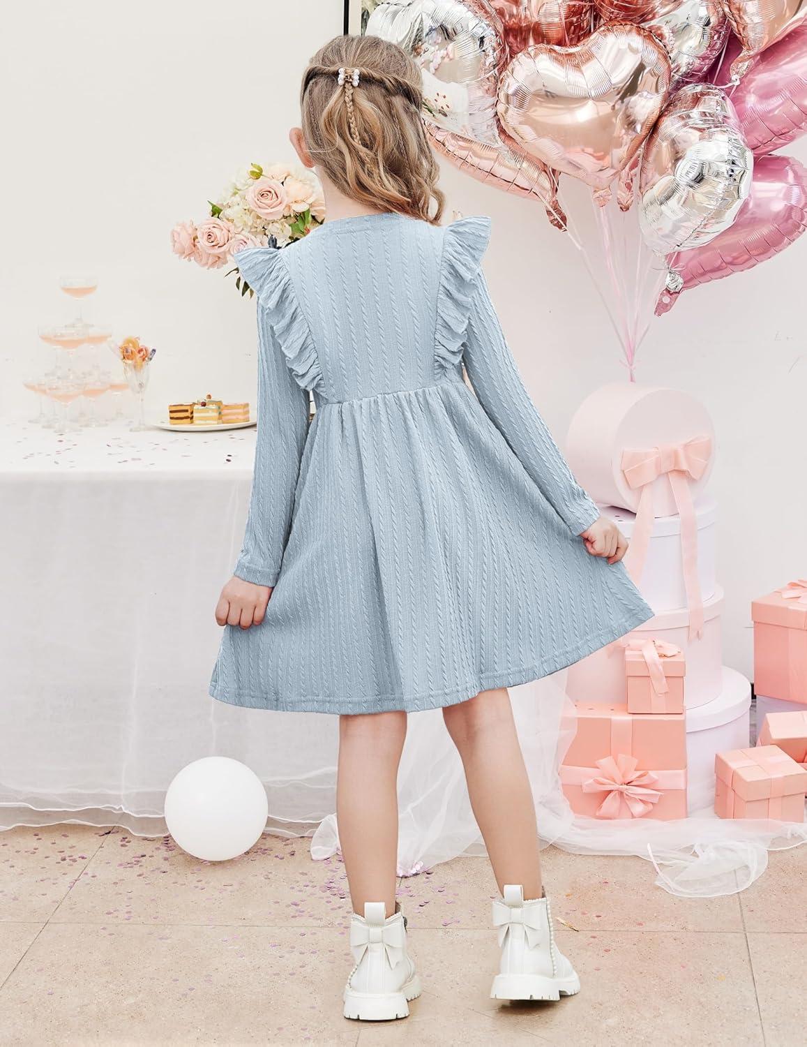 image:imageArshiner Toddler Girl Dress Ruffle Ribbed Knit Long Sleeve ALine Swing Fall Winter Bowknot Casual Dress with PocketsBlue