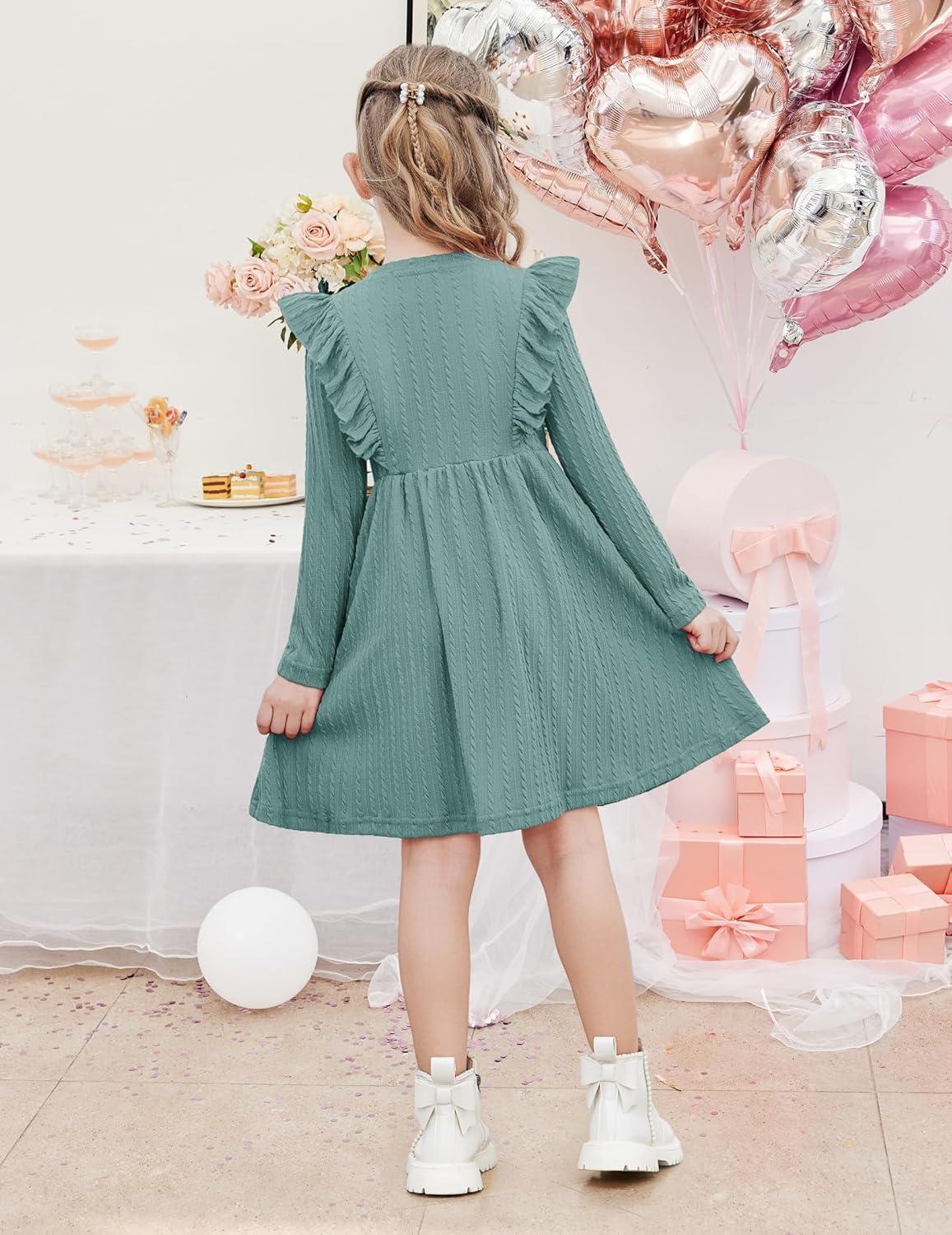 image:imageArshiner Toddler Girl Dress Ruffle Ribbed Knit Long Sleeve ALine Swing Fall Winter Bowknot Casual Dress with PocketsLight Green