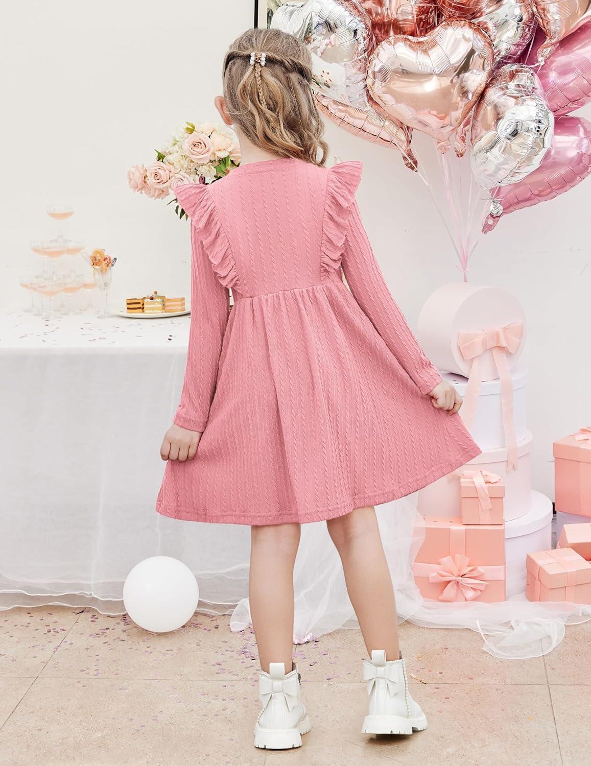 image:imageArshiner Toddler Girl Dress Ruffle Ribbed Knit Long Sleeve ALine Swing Fall Winter Bowknot Casual Dress with PocketsPink