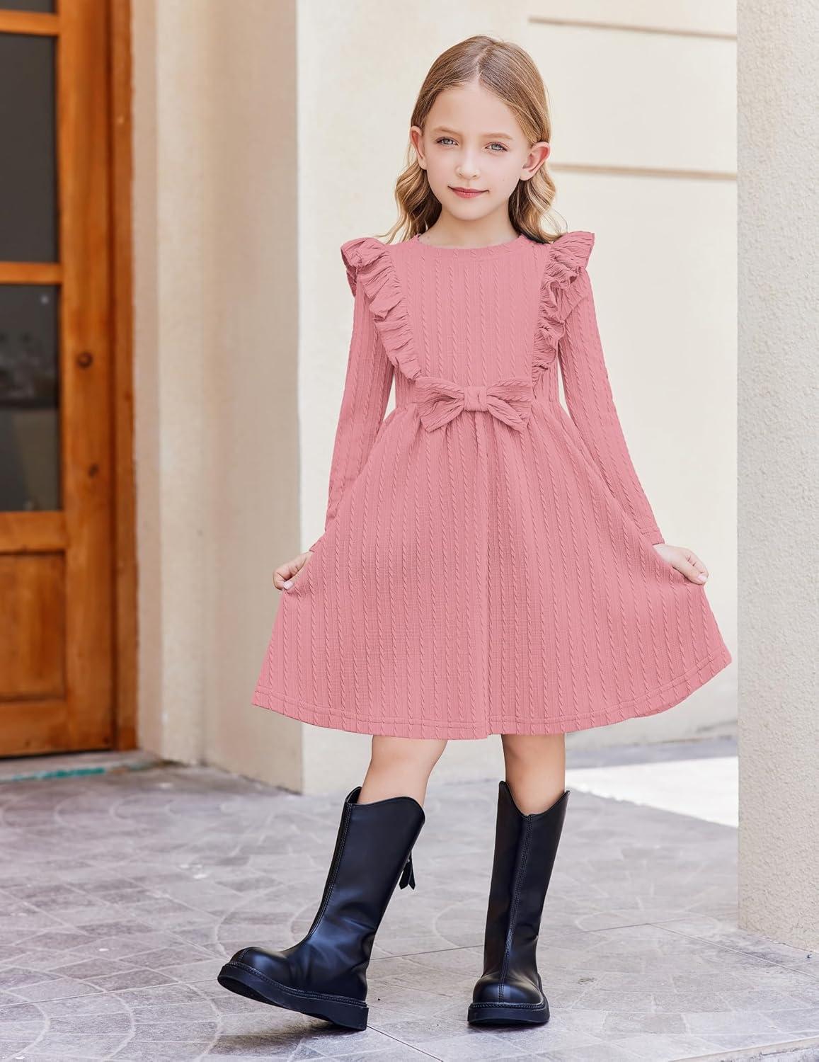 image:imageArshiner Toddler Girl Dress Ruffle Ribbed Knit Long Sleeve ALine Swing Fall Winter Bowknot Casual Dress with PocketsPink