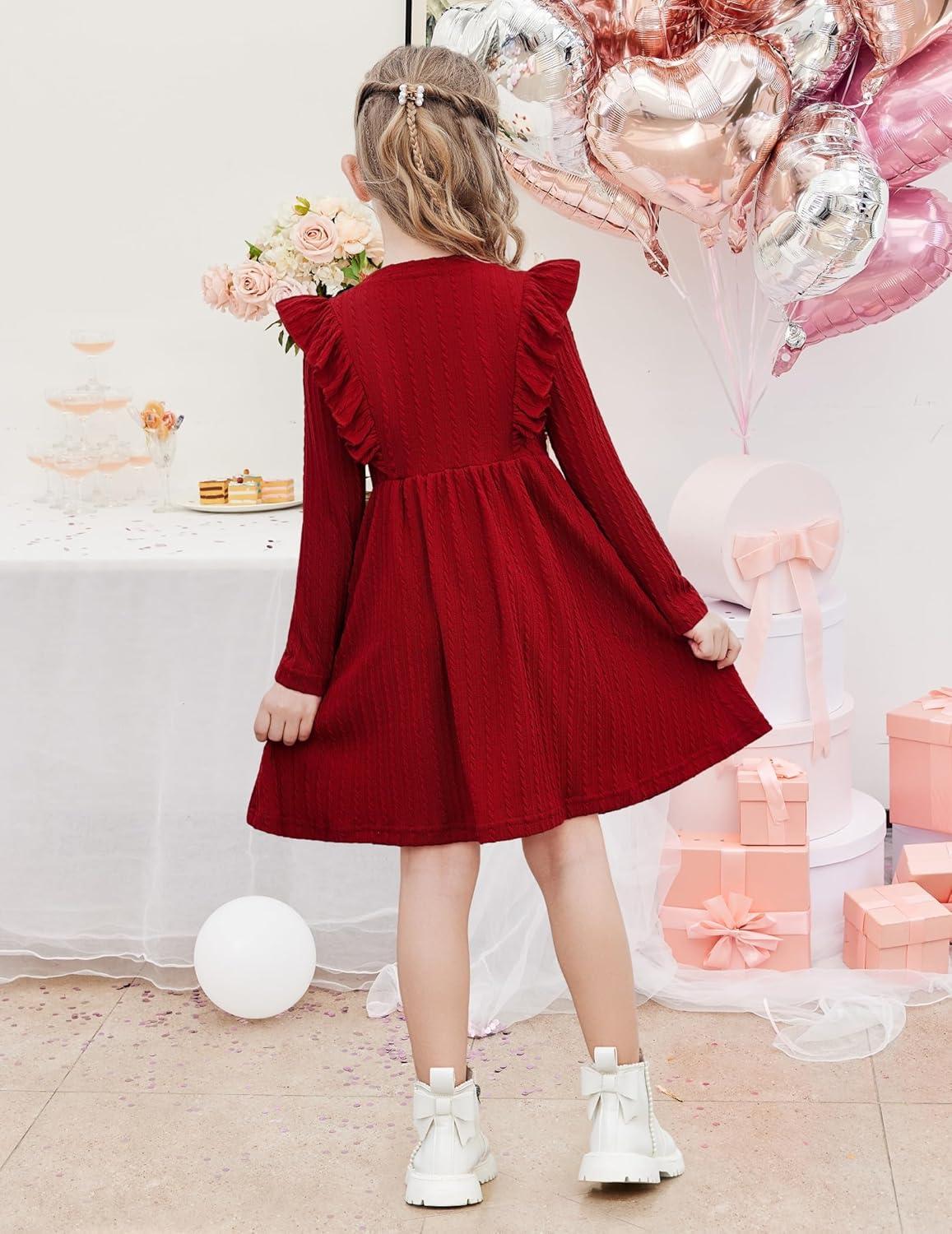 image:imageArshiner Toddler Girl Dress Ruffle Ribbed Knit Long Sleeve ALine Swing Fall Winter Bowknot Casual Dress with PocketsRed