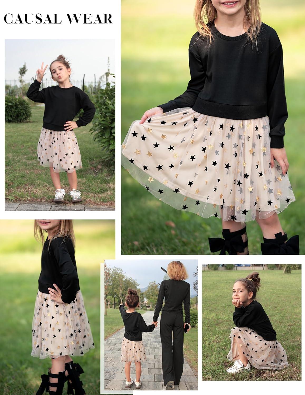 image:imageArshiner Toddler Long Sleeve Dress Patchwork Tulle Tutu Girls Birthday Party Dresses Fall Clothes Size 26Black Star Tulle