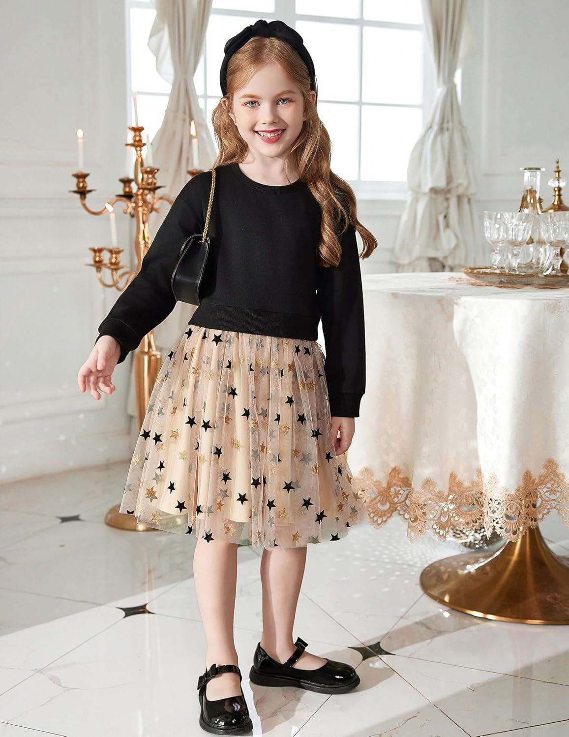 image:imageArshiner Toddler Long Sleeve Dress Patchwork Tulle Tutu Girls Birthday Party Dresses Fall Clothes Size 26Black Star Tulle
