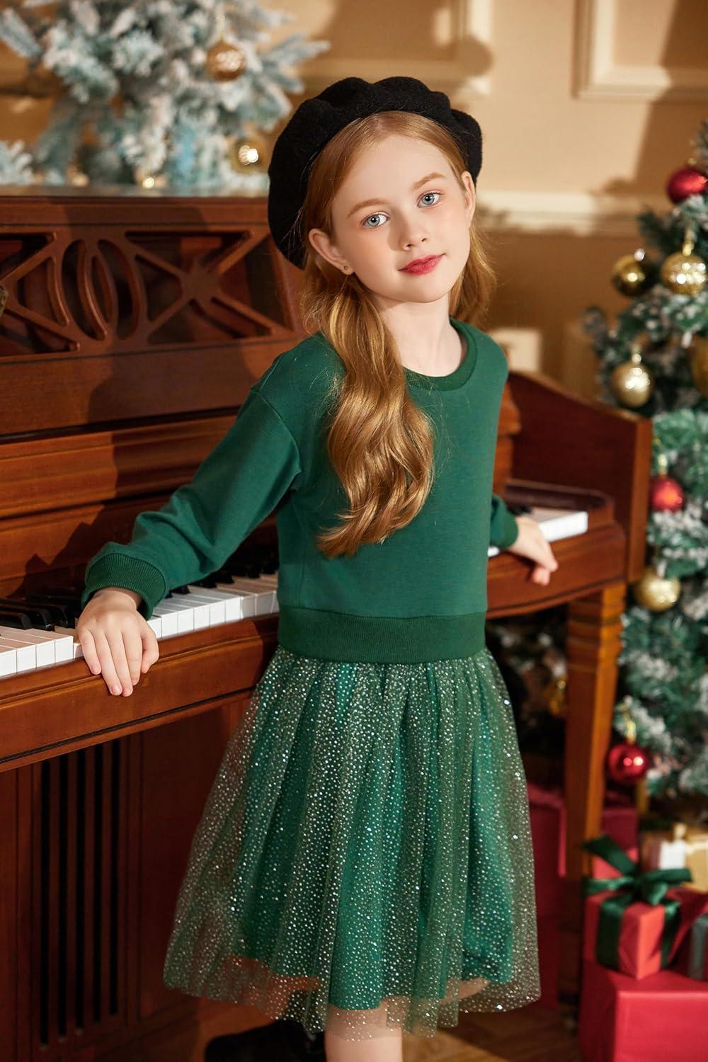image:imageArshiner Toddler Long Sleeve Dress Patchwork Tulle Tutu Girls Birthday Party Dresses Fall Clothes Size 26Dark Green Glitter Tulle
