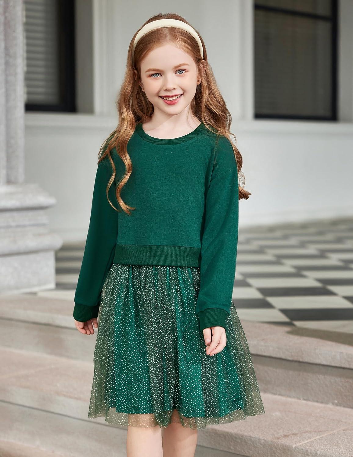 image:imageArshiner Toddler Long Sleeve Dress Patchwork Tulle Tutu Girls Birthday Party Dresses Fall Clothes Size 26Dark Green Glitter Tulle