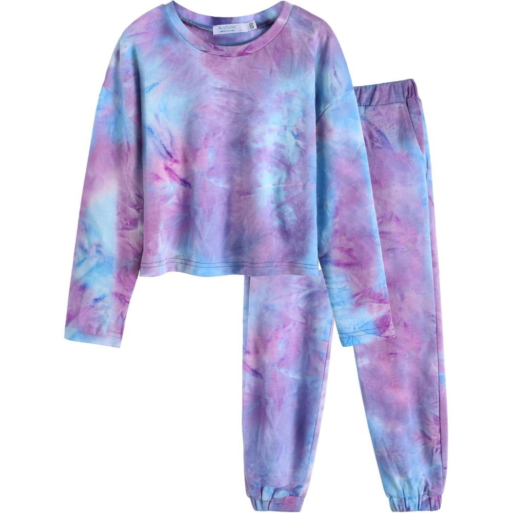 image:imageArshiner Girls 2 Piece Outfits Kids Tie Dye Sweatsuits Set Long Sleeve Shirt and Pants Set Size 514 YBluepurple