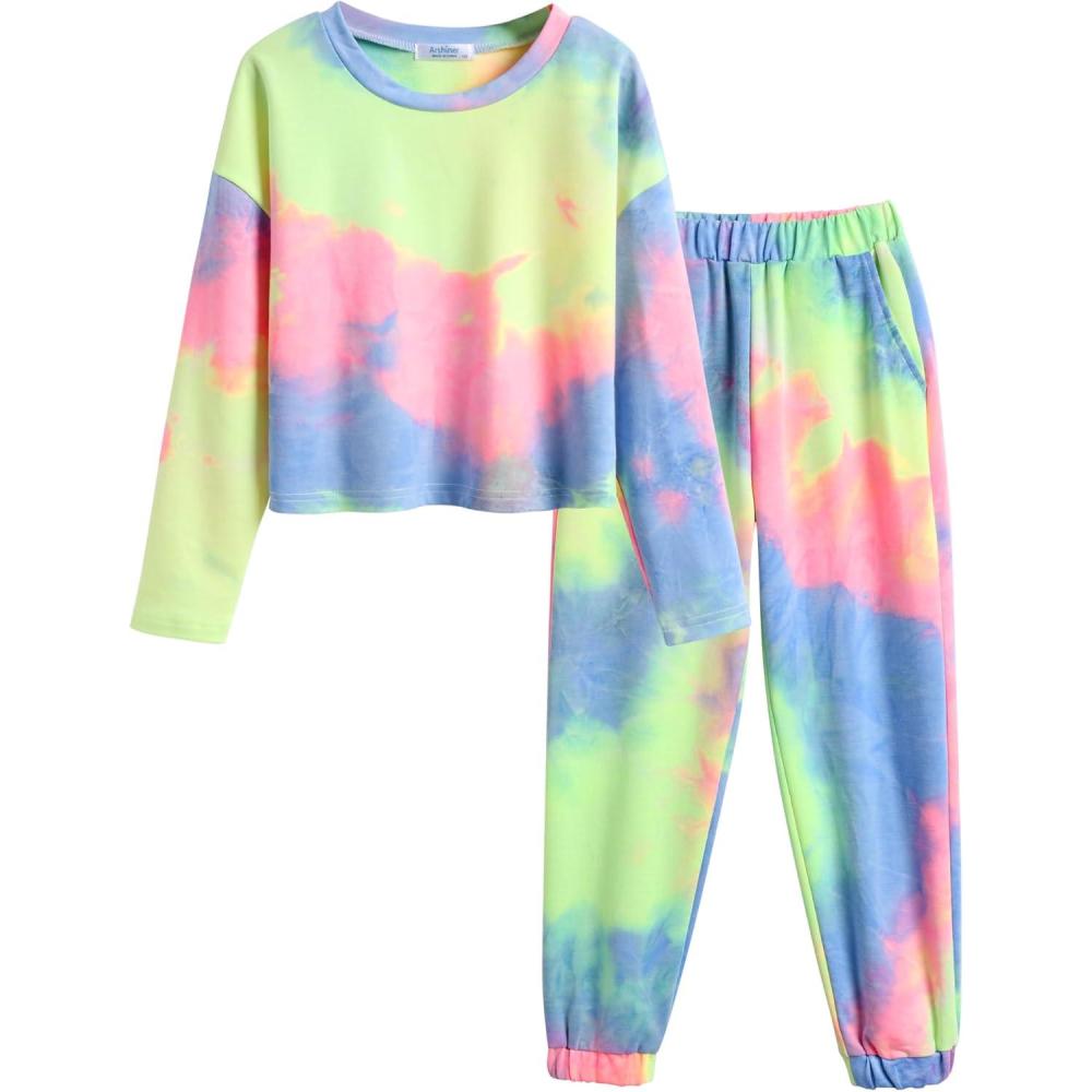 image:imageArshiner Girls 2 Piece Outfits Kids Tie Dye Sweatsuits Set Long Sleeve Shirt and Pants Set Size 514 YRainbow