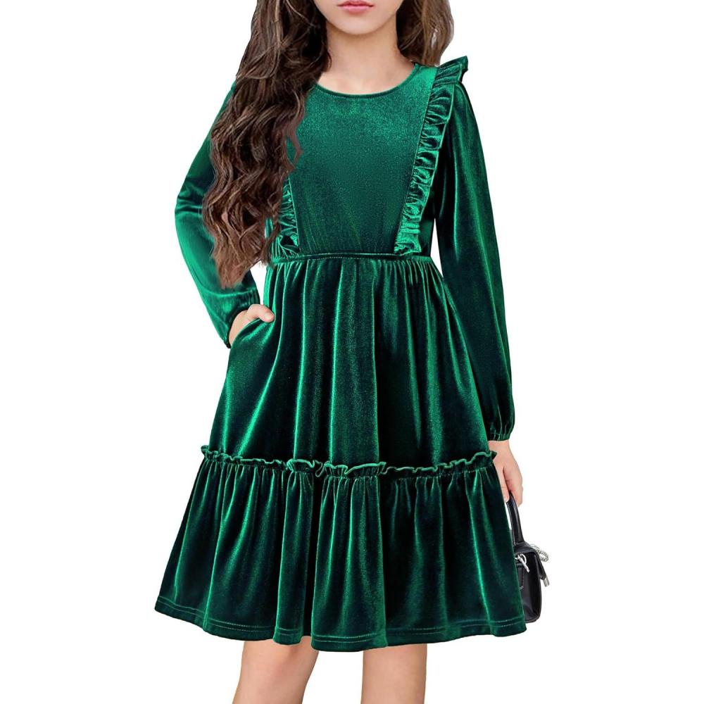 image:imageArshiner Girls Dress Long Sleeve Ruffled Hem Casual Velvet Dress with Pockets 514 YearsDark Green