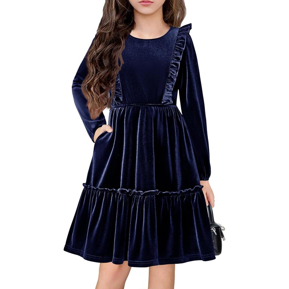 image:imageArshiner Girls Dress Long Sleeve Ruffled Hem Casual Velvet Dress with Pockets 514 YearsNavy Blue