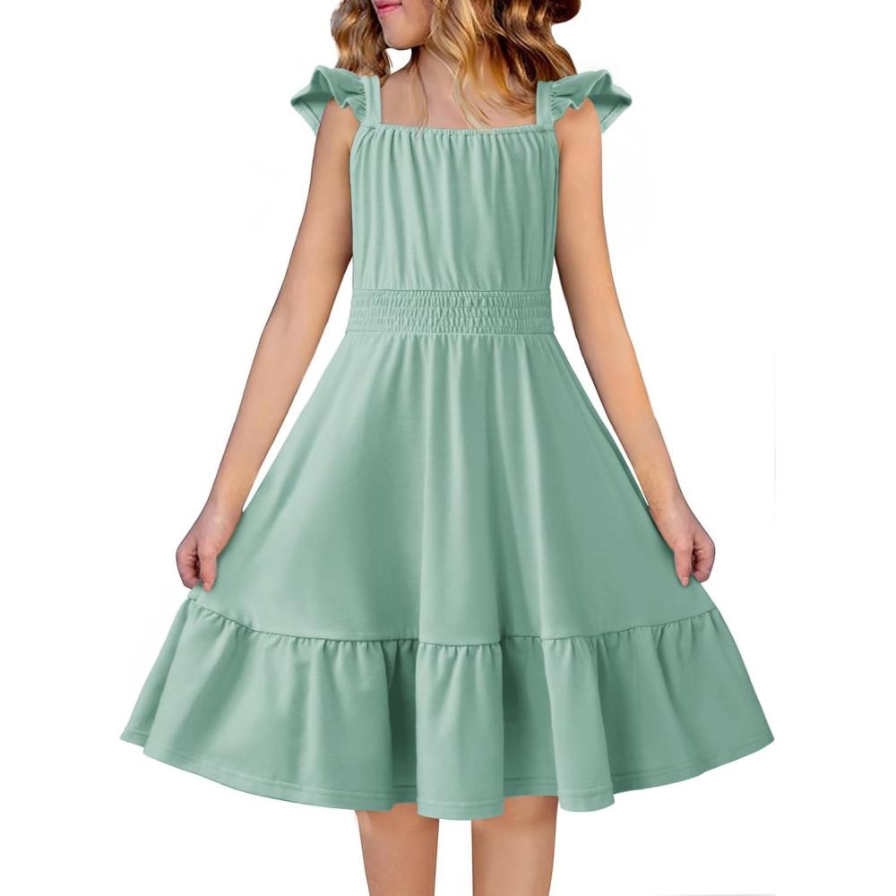image:imageArshiner Girls Dress Summer Casual Flutter Sleeve Tiered Midi Sundress with Pockets for 513 YearsLight Green