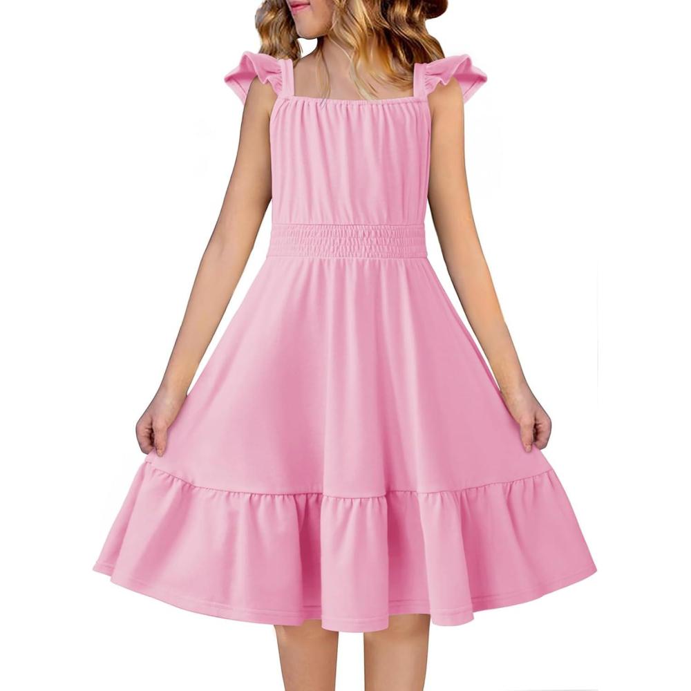 image:imageArshiner Girls Dress Summer Casual Flutter Sleeve Tiered Midi Sundress with Pockets for 513 YearsLight Pink