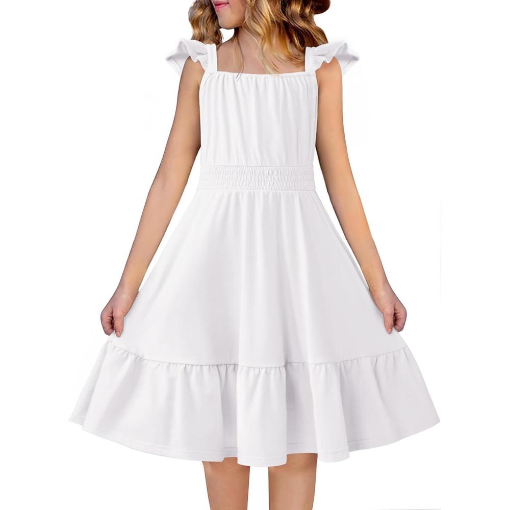 image:imageArshiner Girls Dress Summer Casual Flutter Sleeve Tiered Midi Sundress with Pockets for 513 YearsWhite