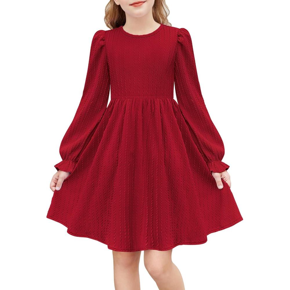 image:imageArshiner Girls Knit Dresses Puff Long Sleeve Fall Winter Casual Holiday Sweater Dress with PocketsBurgundy