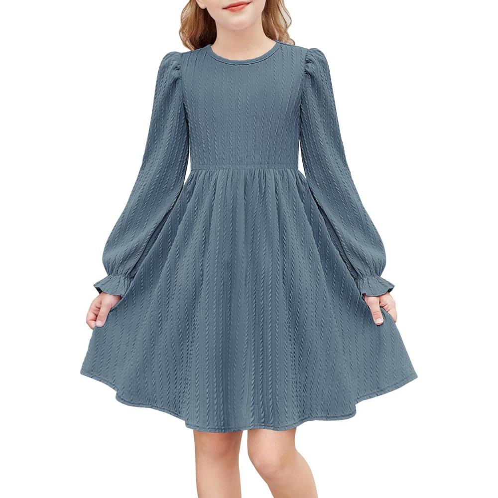 image:imageArshiner Girls Knit Dresses Puff Long Sleeve Fall Winter Casual Holiday Sweater Dress with PocketsDusty Blue