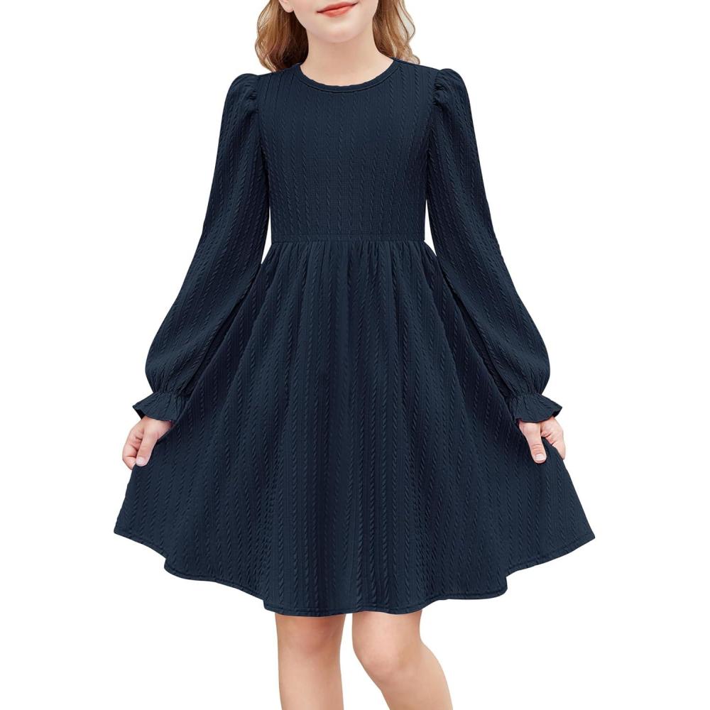 image:imageArshiner Girls Knit Dresses Puff Long Sleeve Fall Winter Casual Holiday Sweater Dress with PocketsNavy Blue