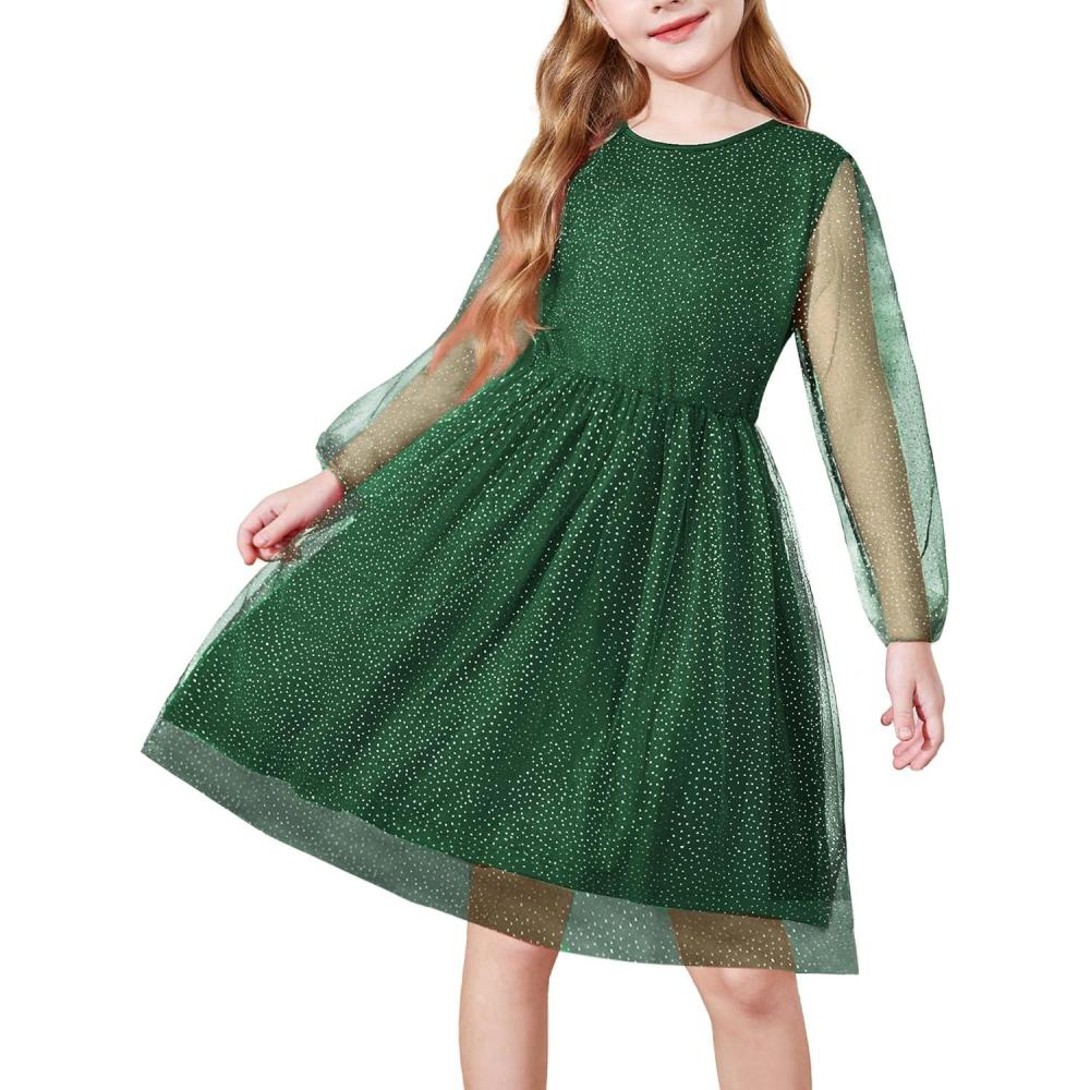 image:imageArshiner Girls Mesh Dress Long Sleeve Tulle Sparkle Glitter Polka Dot Party Holiday Dresses Kids ClothesBright Green
