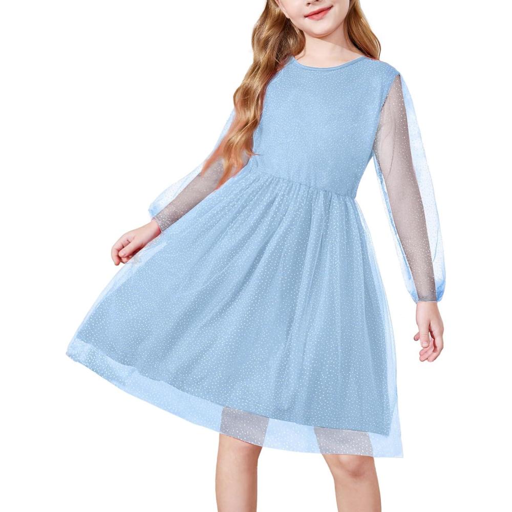 image:imageArshiner Girls Mesh Dress Long Sleeve Tulle Sparkle Glitter Polka Dot Party Holiday Dresses Kids ClothesLight Blue