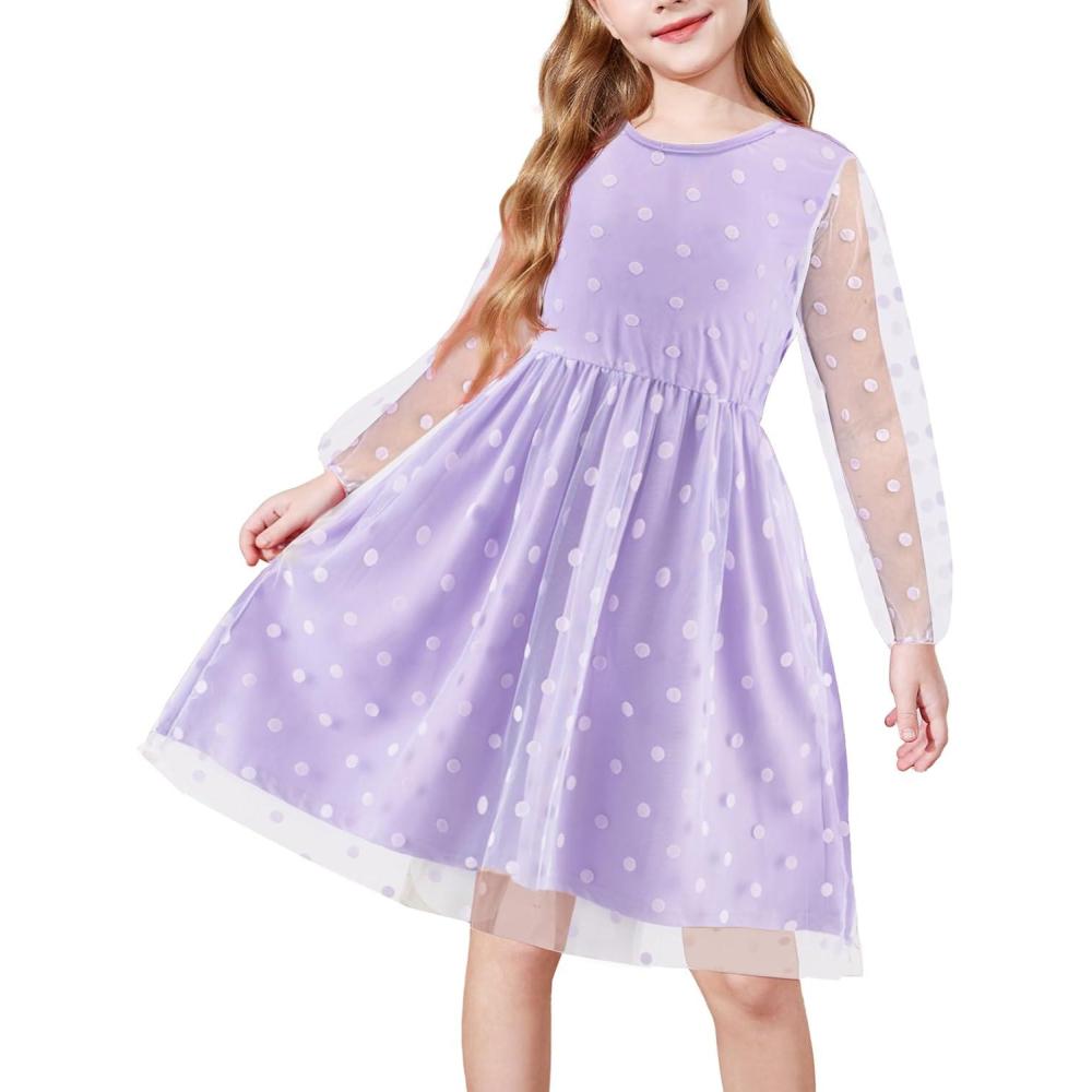 image:imageArshiner Girls Mesh Dress Long Sleeve Tulle Sparkle Glitter Polka Dot Party Holiday Dresses Kids ClothesLilac Purple