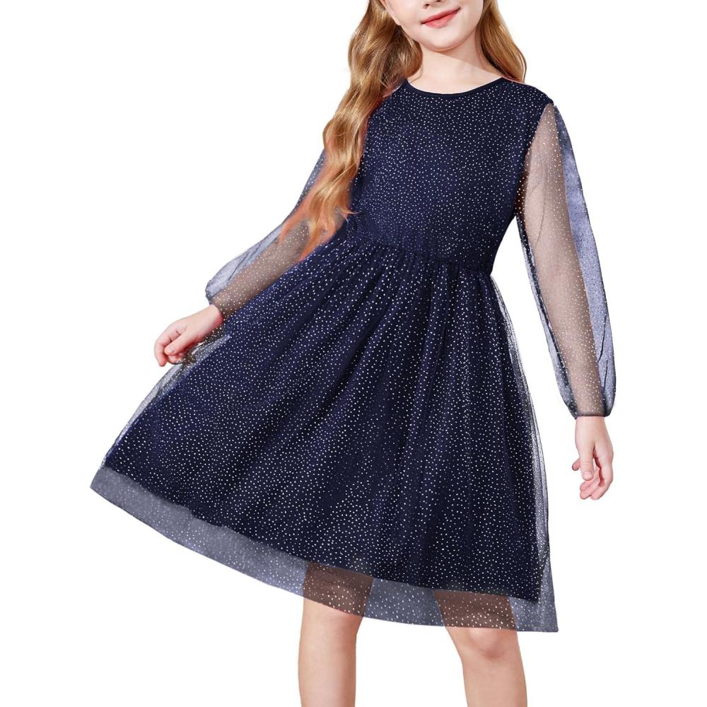 image:imageArshiner Girls Mesh Dress Long Sleeve Tulle Sparkle Glitter Polka Dot Party Holiday Dresses Kids ClothesNavy Blue