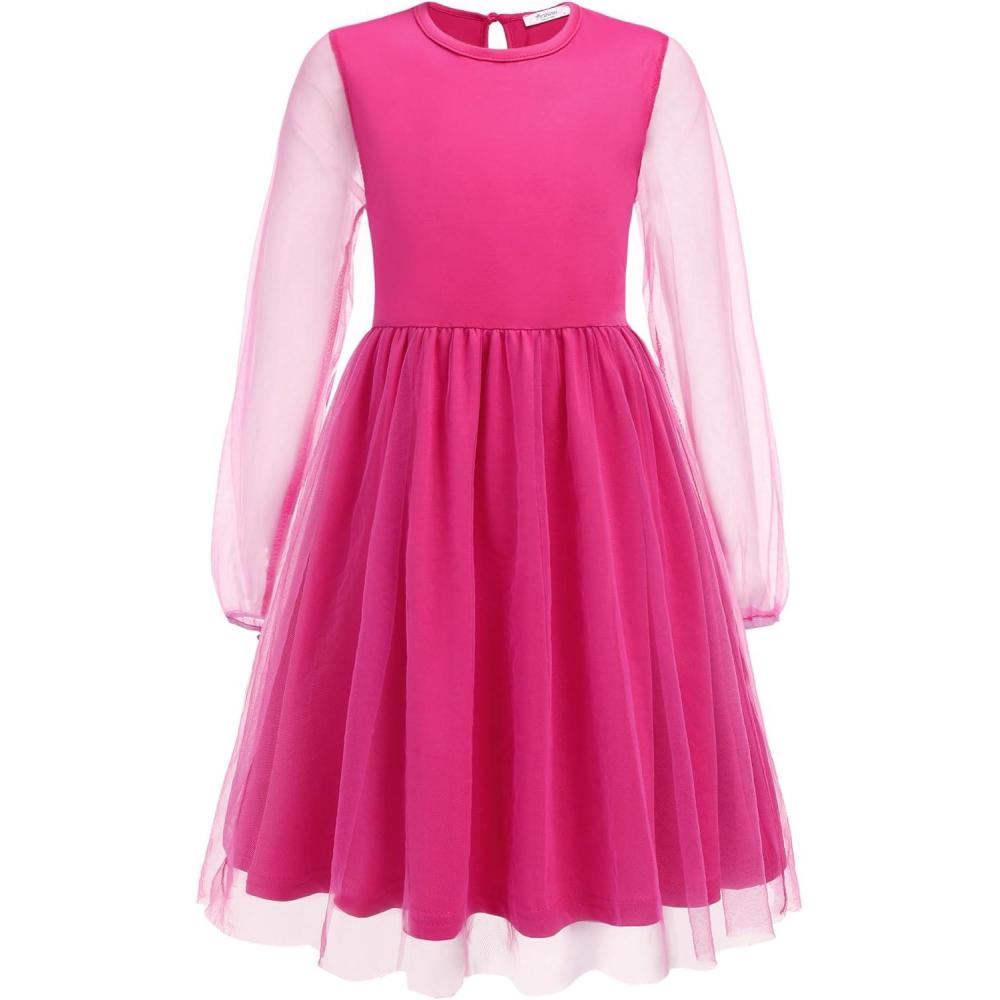 image:imageArshiner Girls Mesh Dress Long Sleeve Tulle Sparkle Glitter Polka Dot Party Holiday Dresses Kids ClothesRose Red