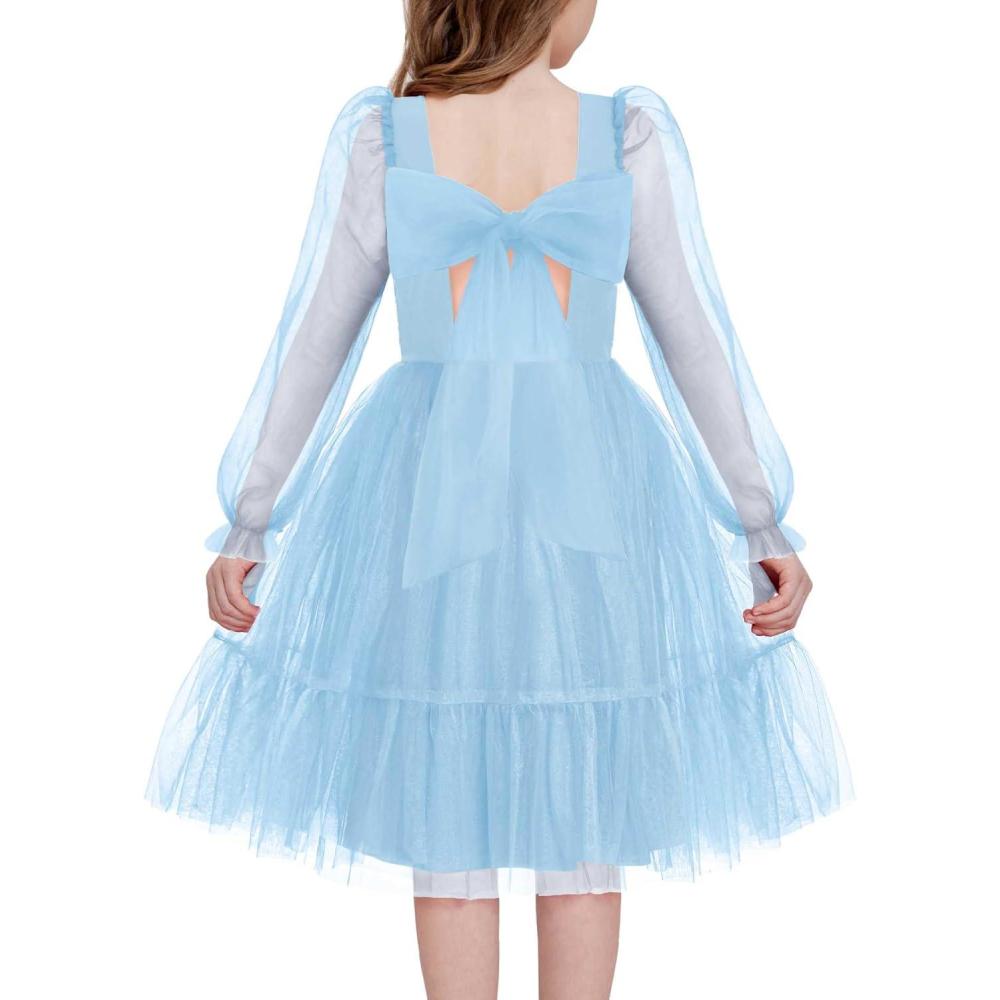 image:imageArshiner Girls Tie Back Dress Puff Long Sleeve Formal Square Neck Party Tulle DressesBlue