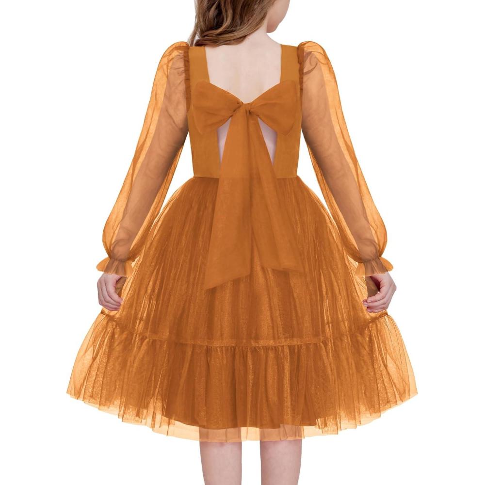 image:imageArshiner Girls Tie Back Dress Puff Long Sleeve Formal Square Neck Party Tulle DressesBrown