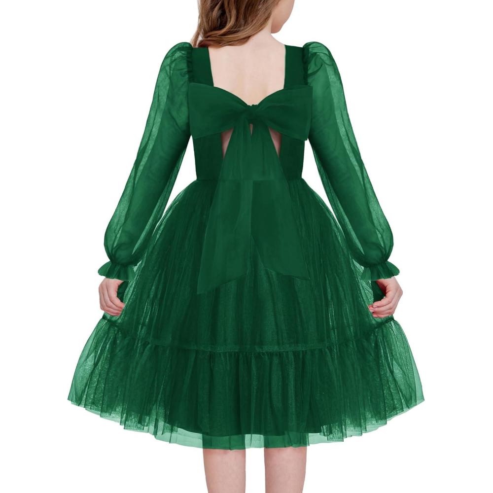 image:imageArshiner Girls Tie Back Dress Puff Long Sleeve Formal Square Neck Party Tulle DressesGreen