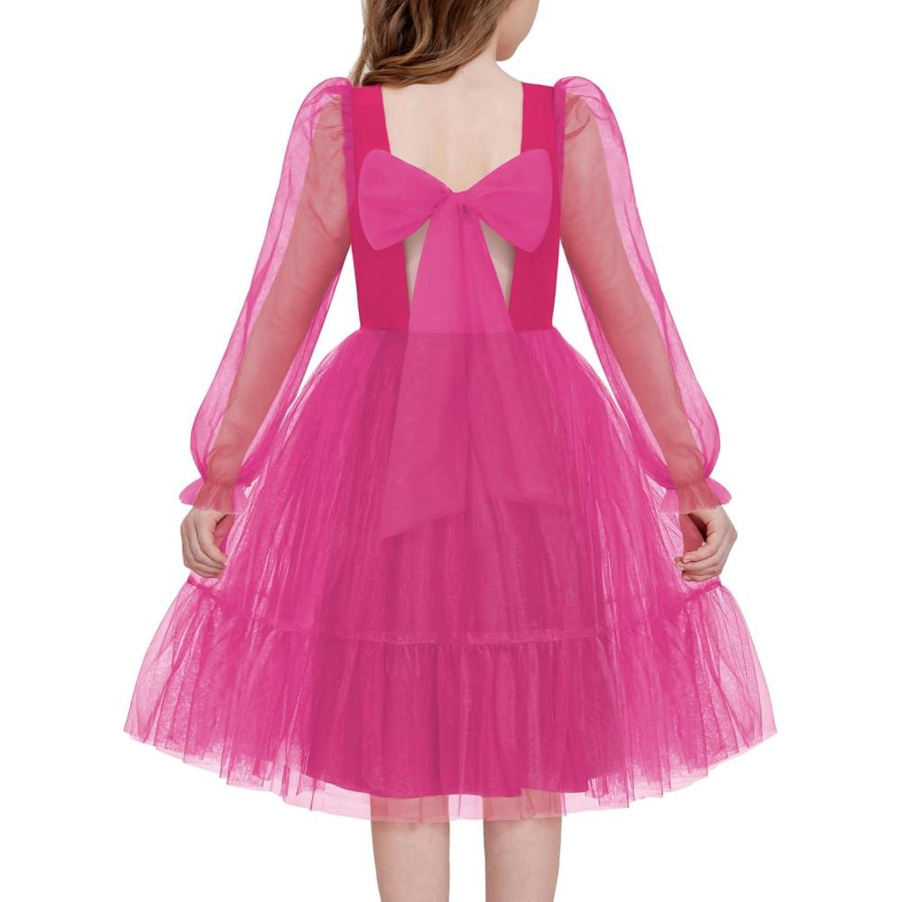 image:imageArshiner Girls Tie Back Dress Puff Long Sleeve Formal Square Neck Party Tulle DressesHot Pink