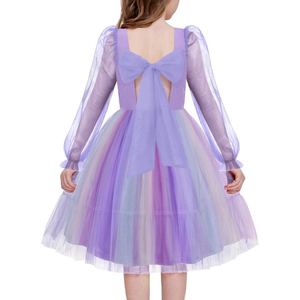 image:imageArshiner Girls Tie Back Dress Puff Long Sleeve Formal Square Neck Party Tulle DressesPurple Rainbow
