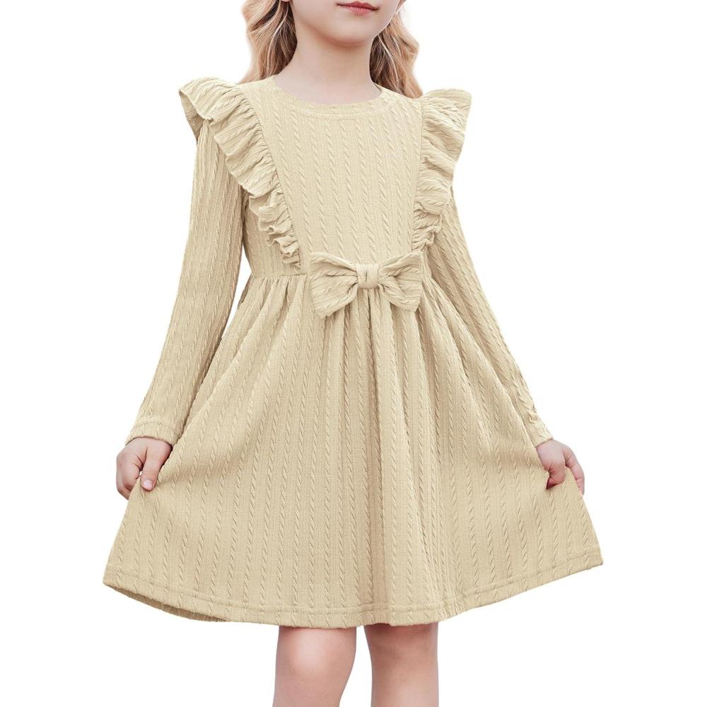 image:imageArshiner Toddler Girl Dress Ruffle Ribbed Knit Long Sleeve ALine Swing Fall Winter Bowknot Casual Dress with PocketsApricot