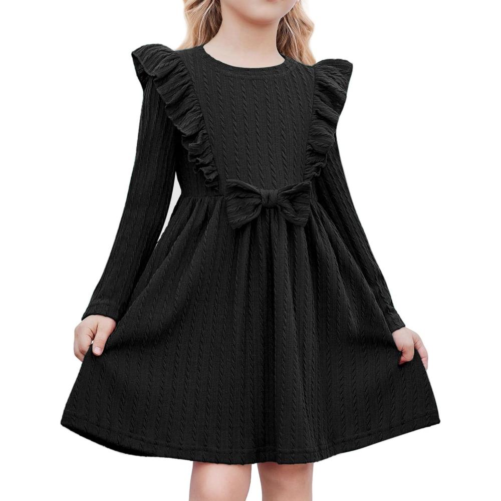 image:imageArshiner Toddler Girl Dress Ruffle Ribbed Knit Long Sleeve ALine Swing Fall Winter Bowknot Casual Dress with PocketsBlack