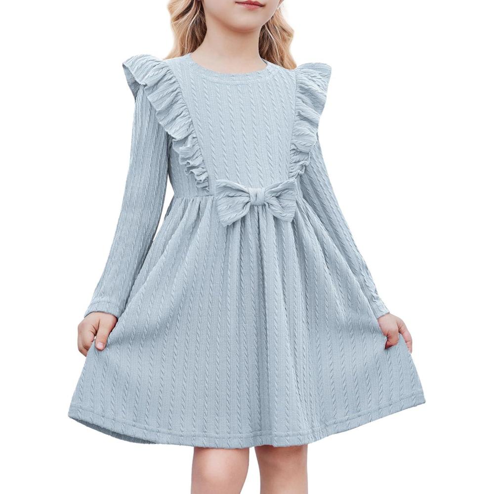 image:imageArshiner Toddler Girl Dress Ruffle Ribbed Knit Long Sleeve ALine Swing Fall Winter Bowknot Casual Dress with PocketsBlue