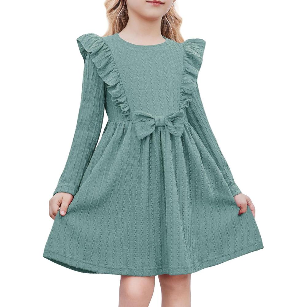 image:imageArshiner Toddler Girl Dress Ruffle Ribbed Knit Long Sleeve ALine Swing Fall Winter Bowknot Casual Dress with PocketsLight Green