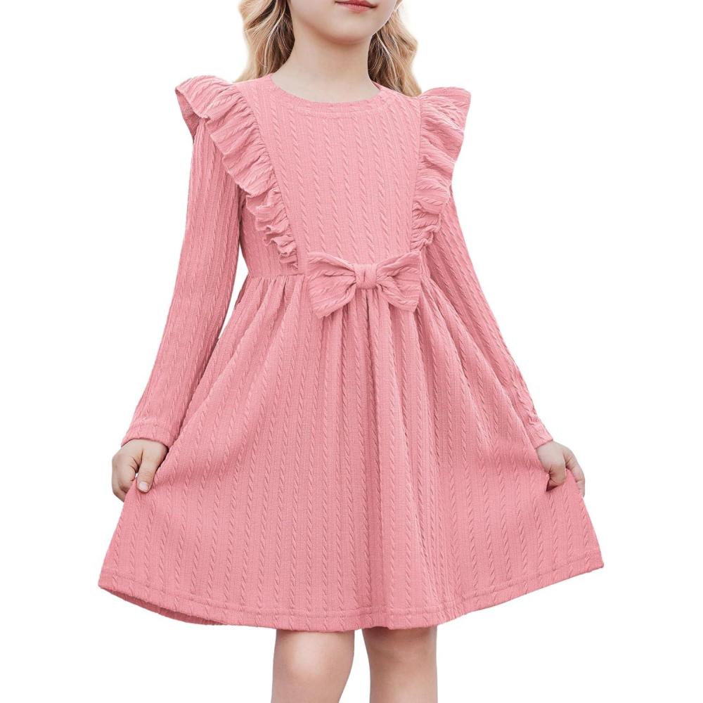 image:imageArshiner Toddler Girl Dress Ruffle Ribbed Knit Long Sleeve ALine Swing Fall Winter Bowknot Casual Dress with PocketsPink
