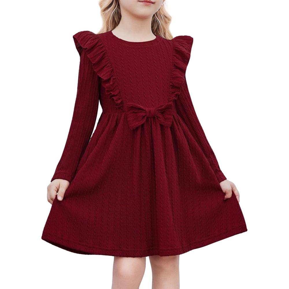 image:imageArshiner Toddler Girl Dress Ruffle Ribbed Knit Long Sleeve ALine Swing Fall Winter Bowknot Casual Dress with PocketsWine Red