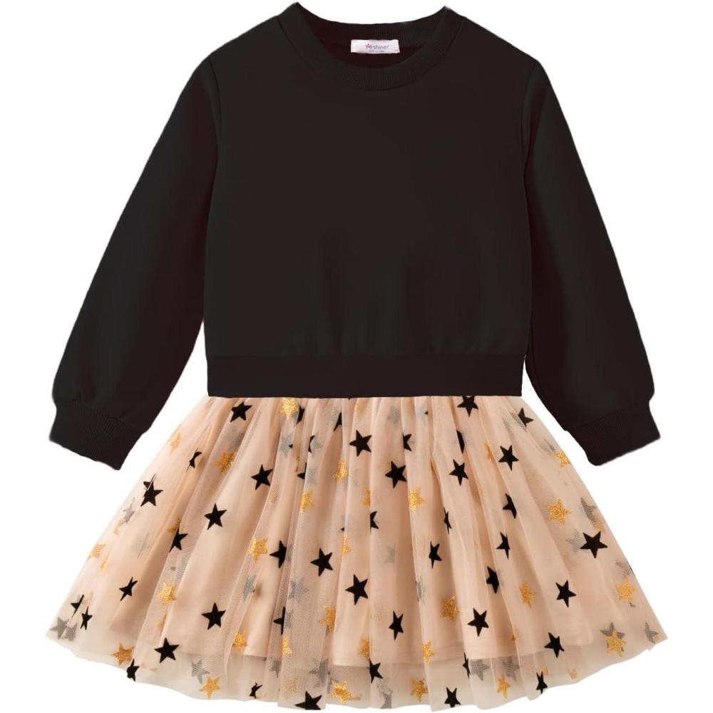 image:imageArshiner Toddler Long Sleeve Dress Patchwork Tulle Tutu Girls Birthday Party Dresses Fall Clothes Size 26Black Star Tulle