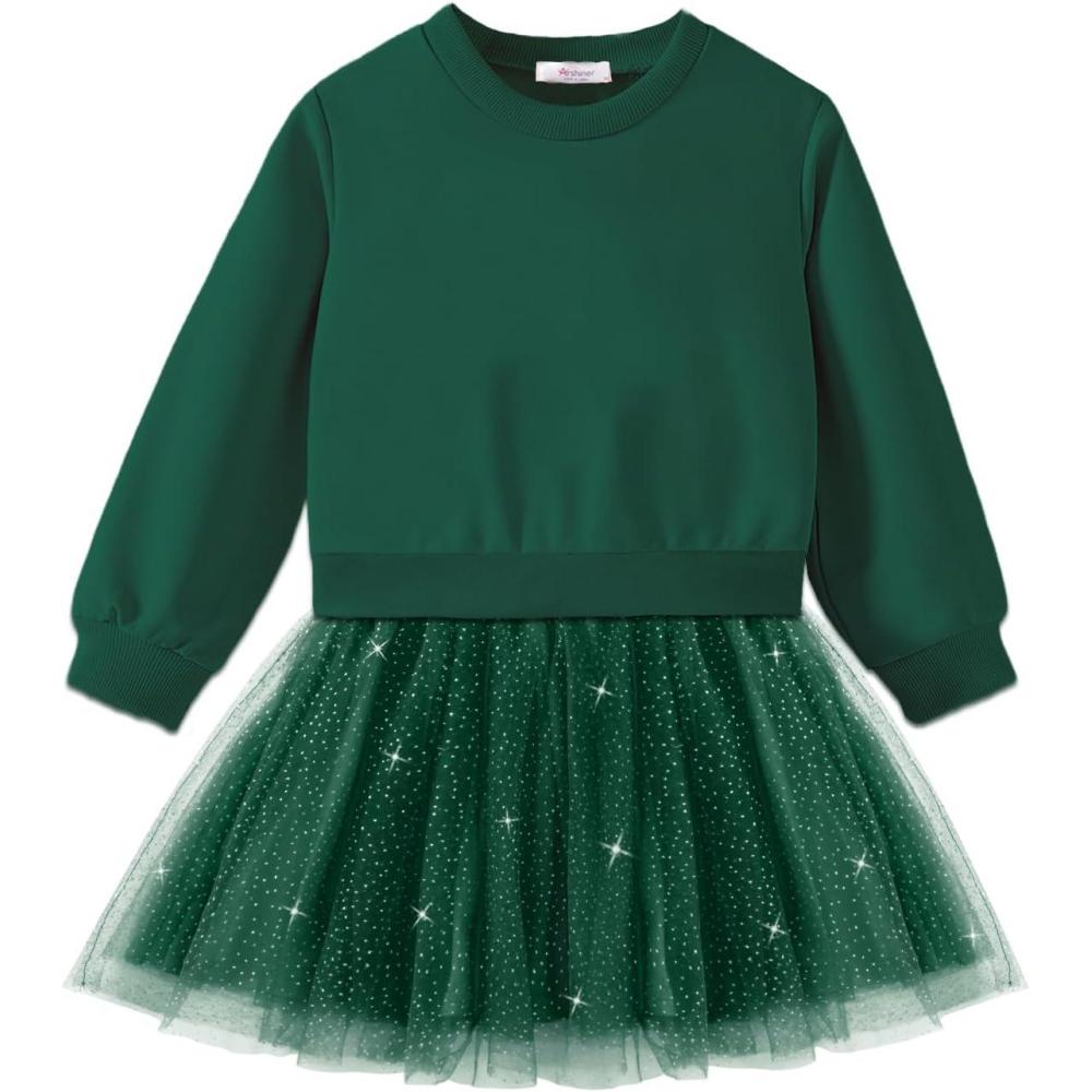 image:imageArshiner Toddler Long Sleeve Dress Patchwork Tulle Tutu Girls Birthday Party Dresses Fall Clothes Size 26Dark Green Glitter Tulle