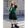 Arshiner Girls Dress Long Sleeve Ruffled Hem Casual Velvet Dress with Pockets 5-14 Years(Dark Green)