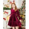 Arshiner Girls Dress Long Sleeve Ruffled Hem Casual Velvet Dress with Pockets 5-14 Years(Dark Red)