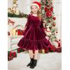 Arshiner Girls Dress Long Sleeve Ruffled Hem Casual Velvet Dress with Pockets 5-14 Years(Dark Red)