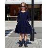 Arshiner Girls Dress Long Sleeve Ruffled Hem Casual Velvet Dress with Pockets 5-14 Years(Navy Blue)