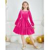 Arshiner Girls Dress Long Sleeve Ruffled Hem Casual Velvet Dress with Pockets 5-14 Years(Rose Red)