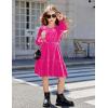 Arshiner Girls Dress Long Sleeve Ruffled Hem Casual Velvet Dress with Pockets 5-14 Years(Rose Red)