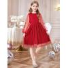 Arshiner Girls Mesh Dress Long Sleeve Tulle Sparkle Glitter Polka Dot Party Holiday Dresses Kids Clothes(Deep Red)
