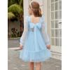 Arshiner Girls Tie Back Dress Puff Long Sleeve Formal Square Neck Party Tulle Dresses(Blue)